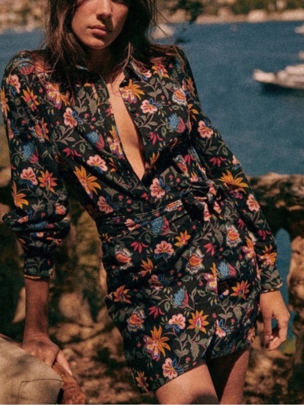 Sézane Black Floral Button-Up dress with Multicolor Blooms